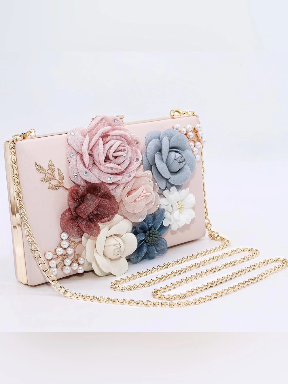 Floral Embellished Pink Crossbody Clutch - Gold Chain